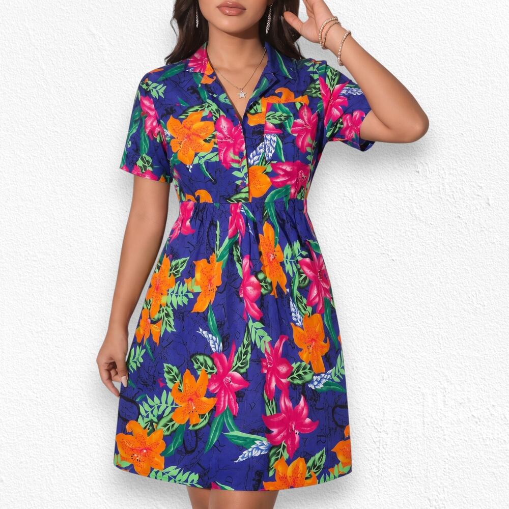 70s Vintage Blue Tropical Floral Island Midi Blouson Dress USA Made Size 6 - Picture 3 of 12